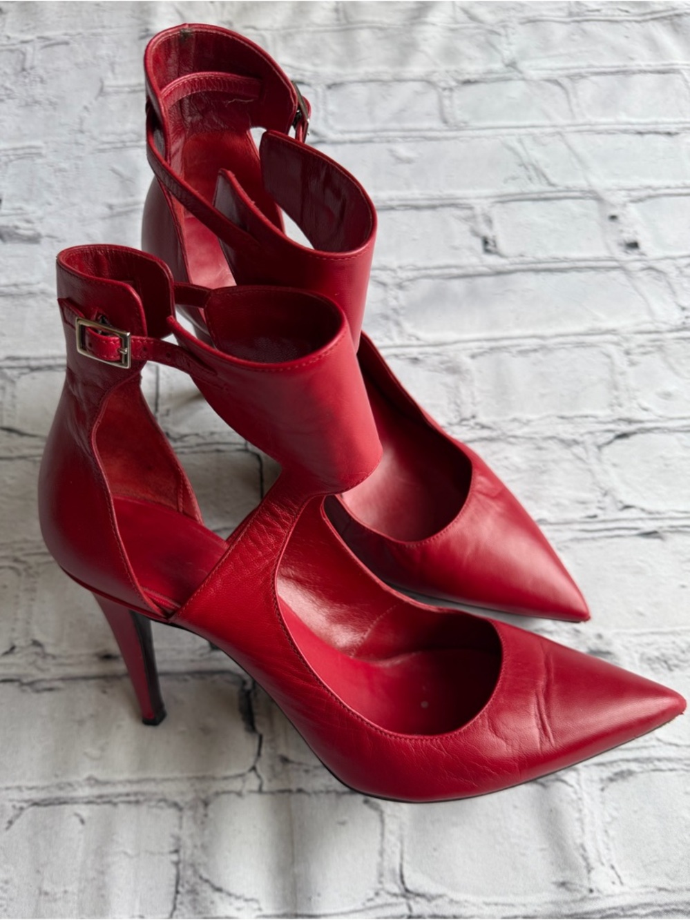 Tamara Mellon Red Leather High Heels Ankle Strap Party Event Designer 38
